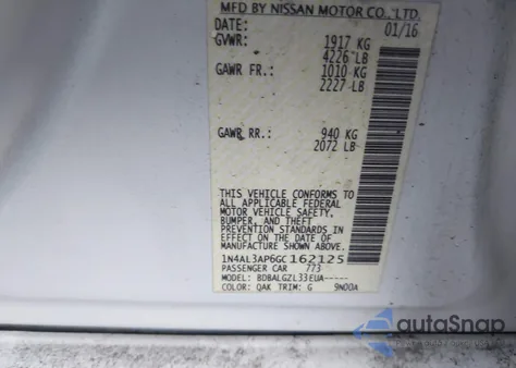 2016 Nissan Altima 2.5/2.5 S/2.5 Sl/2.5 Sr/2.5 Sv z USA, uszkodzony, nr VIN 1N4AL3AP6GC162125